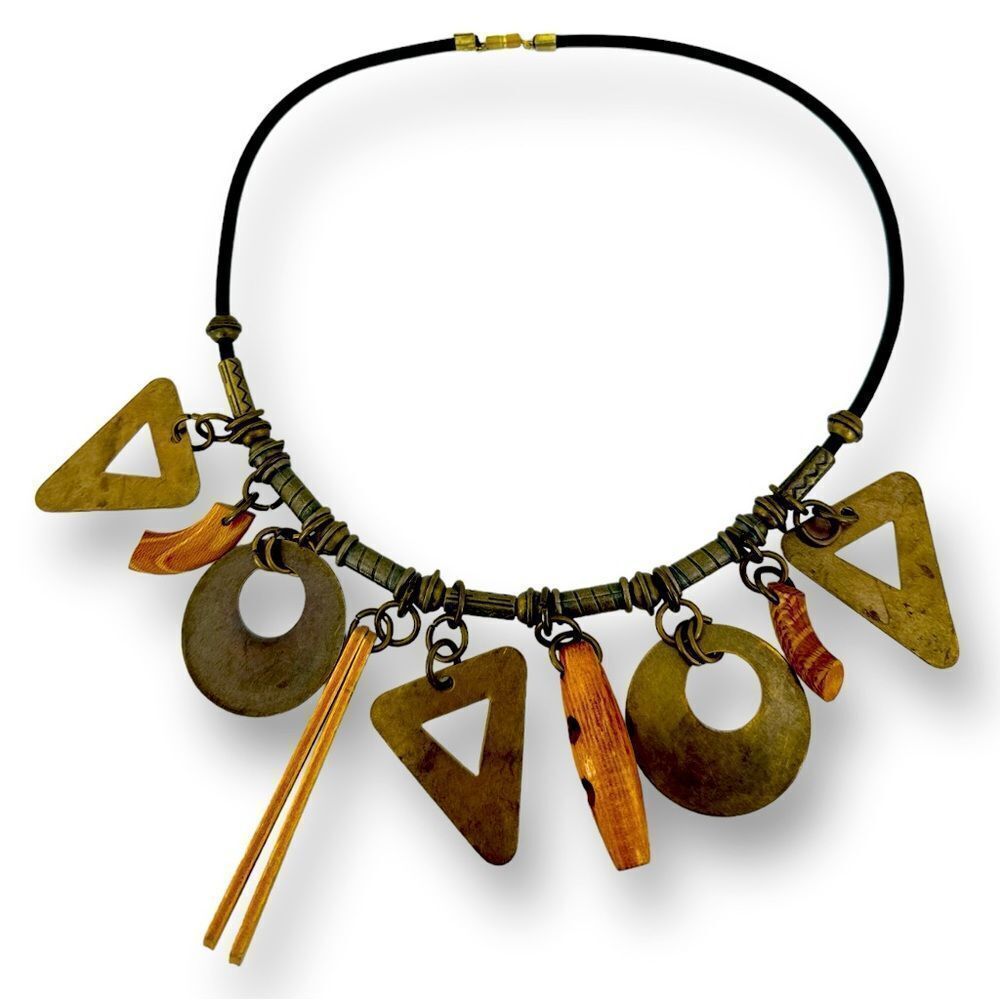 Vintage Geometric Style wood & metal wind chimes necklace 22” Boho